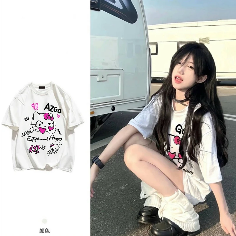 AZGO潮牌夏季宽松印花圆领ins百搭网红情侣设计感T恤（Kitty）