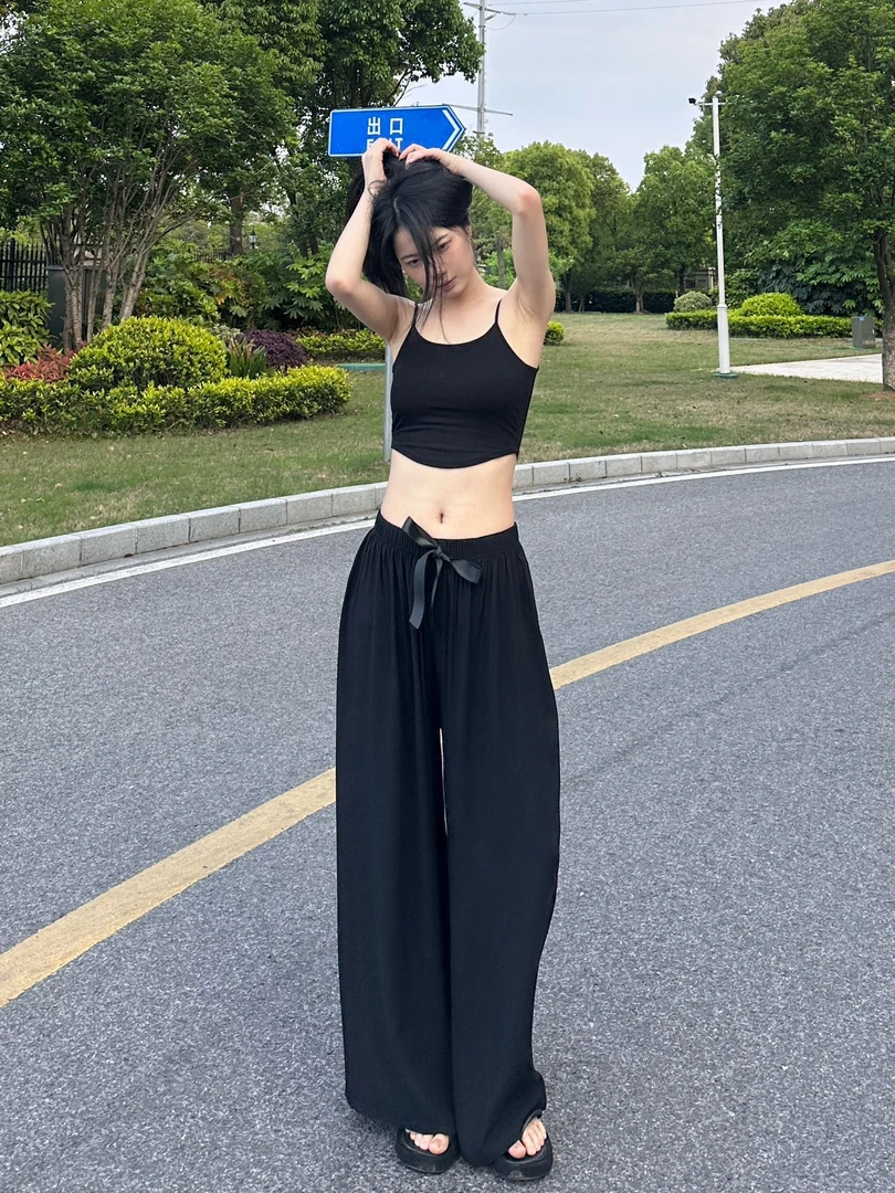 夏季九分休闲裤高腰宽松长裤薄款棉绸阔腿裤女裤韩版直筒阔腿裤