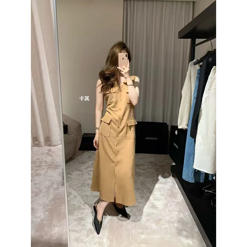 韩系气质设计感无袖V领连衣裙8593 真口袋