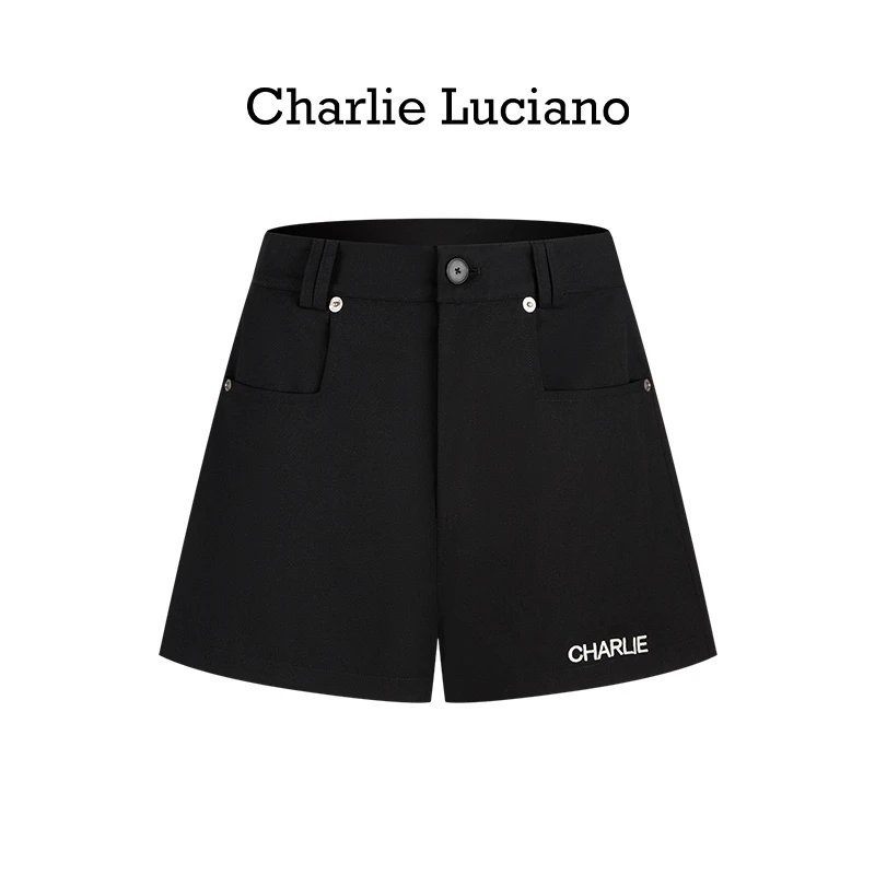 CharlieLuciano提花口袋短裤显瘦高腰时尚百搭女士夏季黑色阔腿