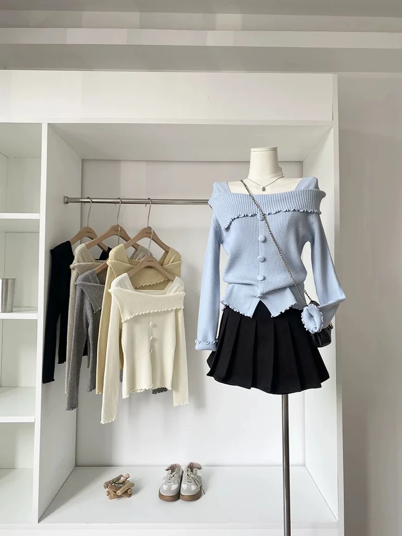 气质一字领木耳边针织衫长袖打底上衣女秋冬新款