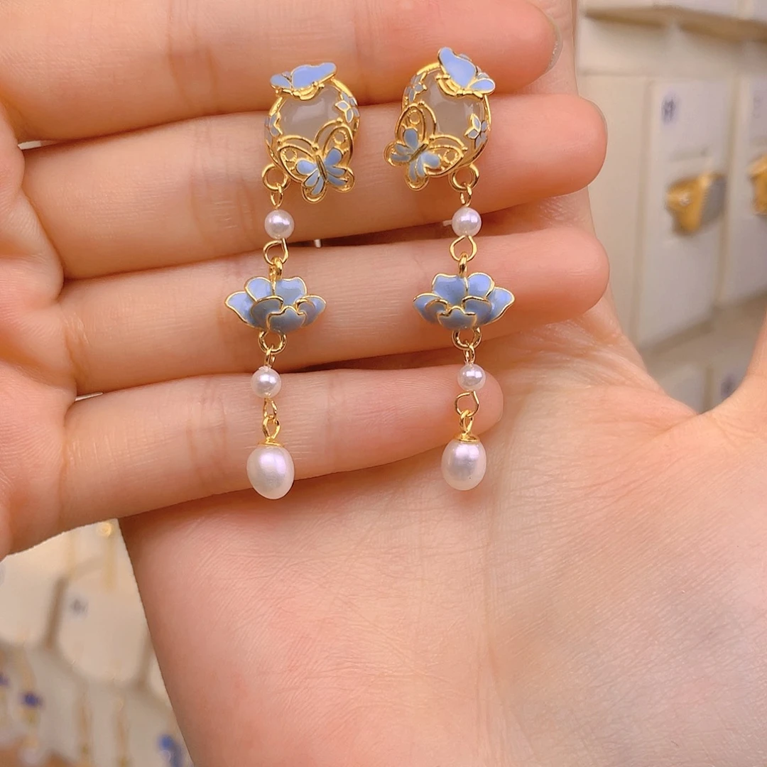 和田玉耳饰银S925镀金镶嵌