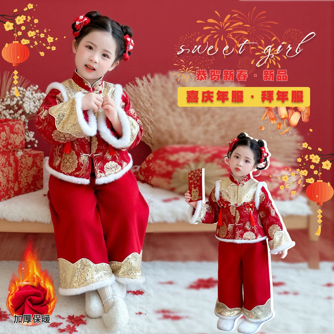 儿童中国风女童唐装套装冬季加厚保暖女宝宝红色新年拜年服两件套