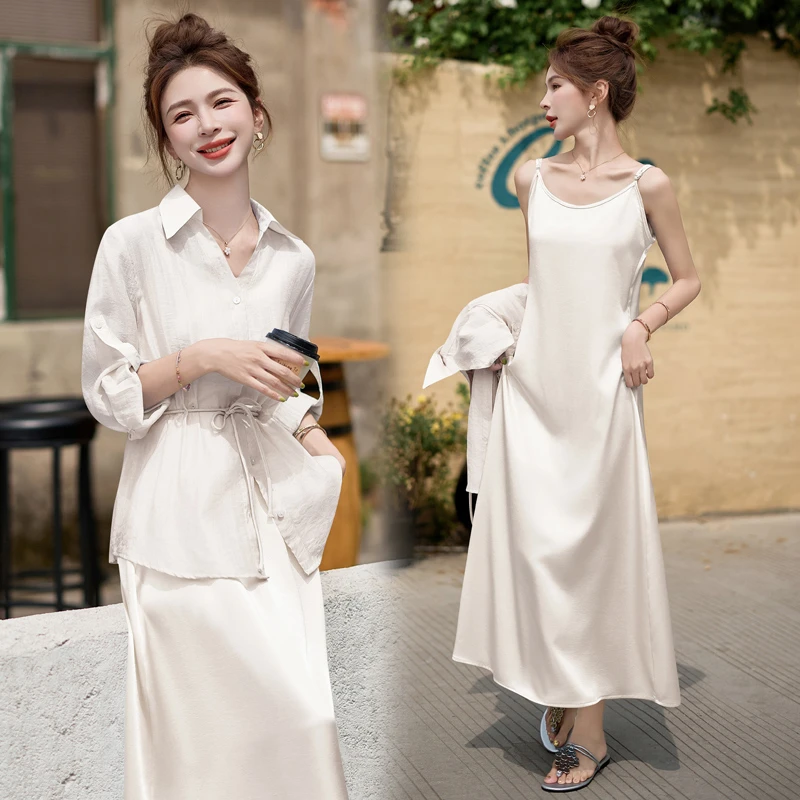 夏季气质显瘦轻薄外穿白色天丝防晒衬衫性感打底吊带连衣裙套装女