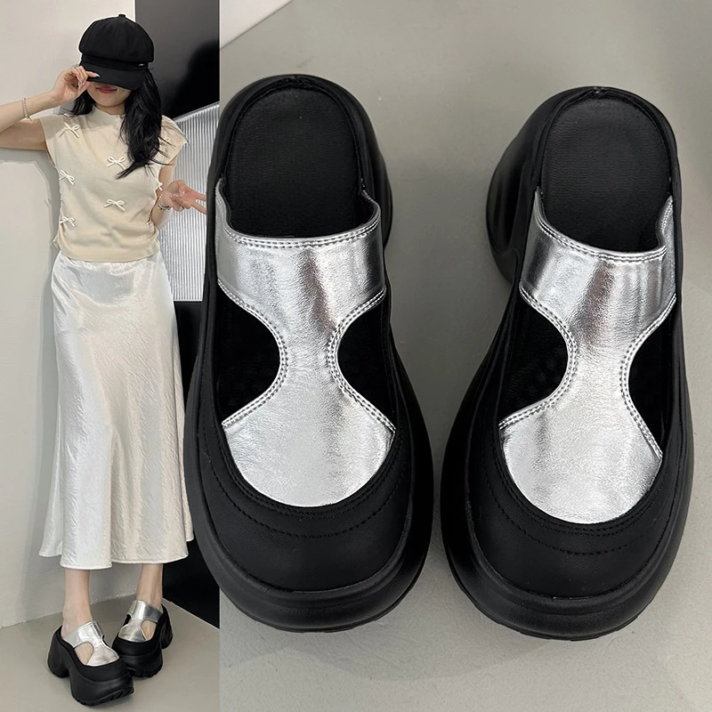 包头半拖鞋女外穿2025春夏新款软皮厚底休闲增高懒人一脚蹬凉拖鞋