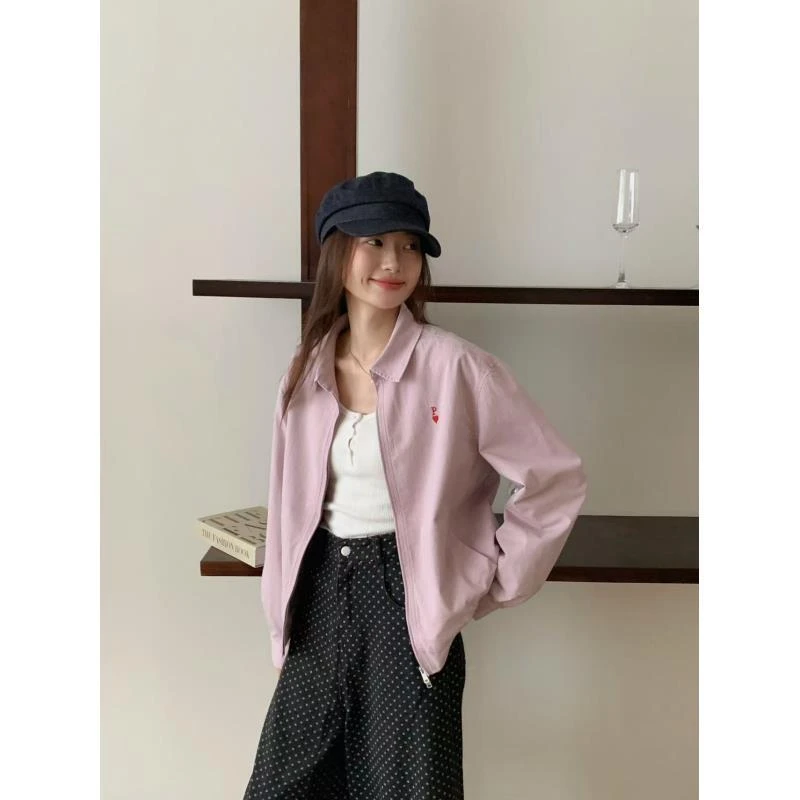 小雅姐姐 美式复古爱心刺绣松弛感百搭休闲拉链外套KB52