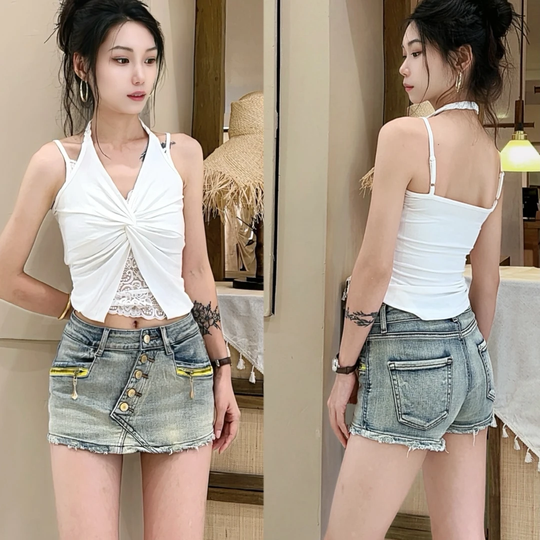 夏季复古风中低腰辣妹超短短裤设计感性感百搭牛仔短裤显瘦裤裙