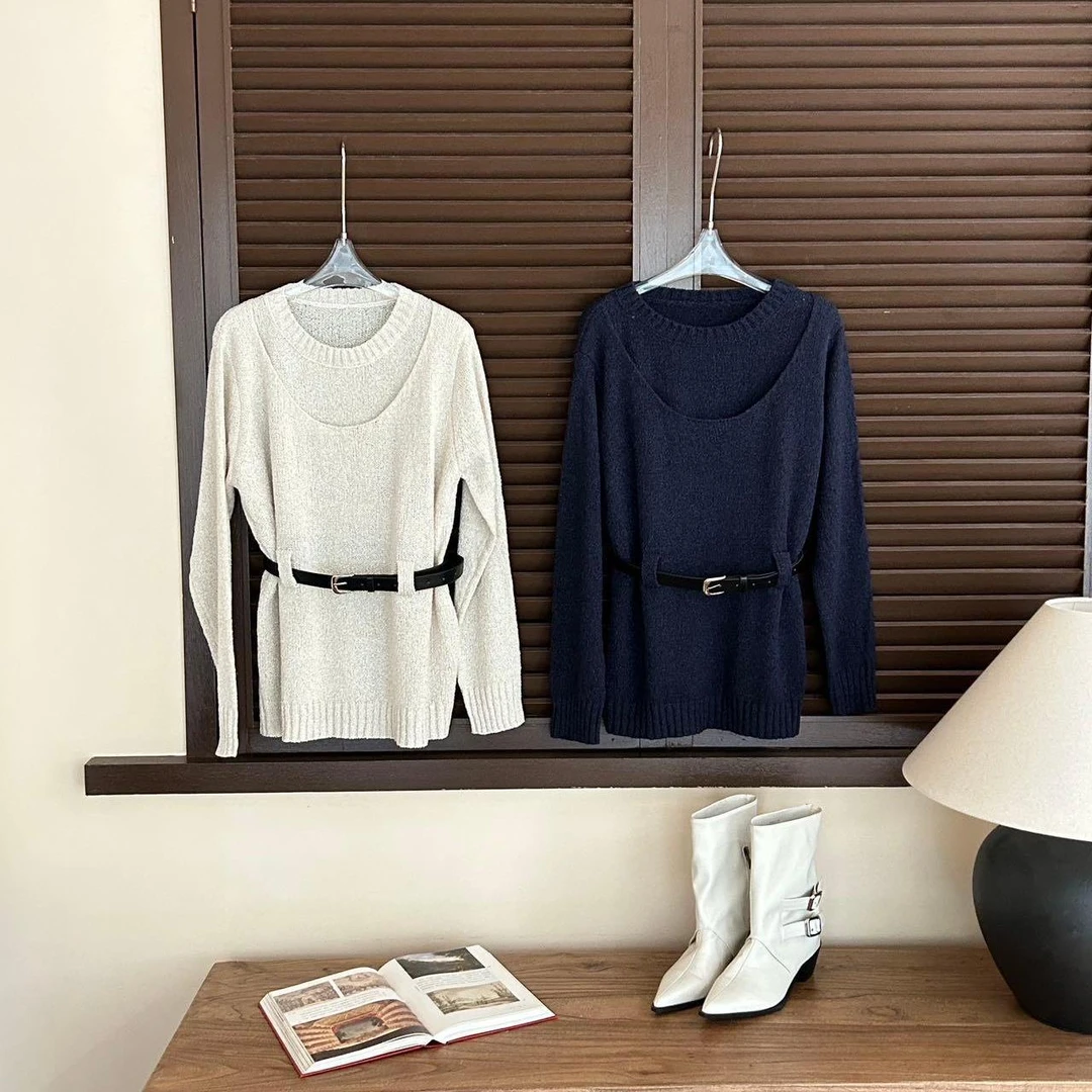 【赵小小&纽约新区】B-98027 韩系慵懒风简约长袖针织上衣（含腰带）