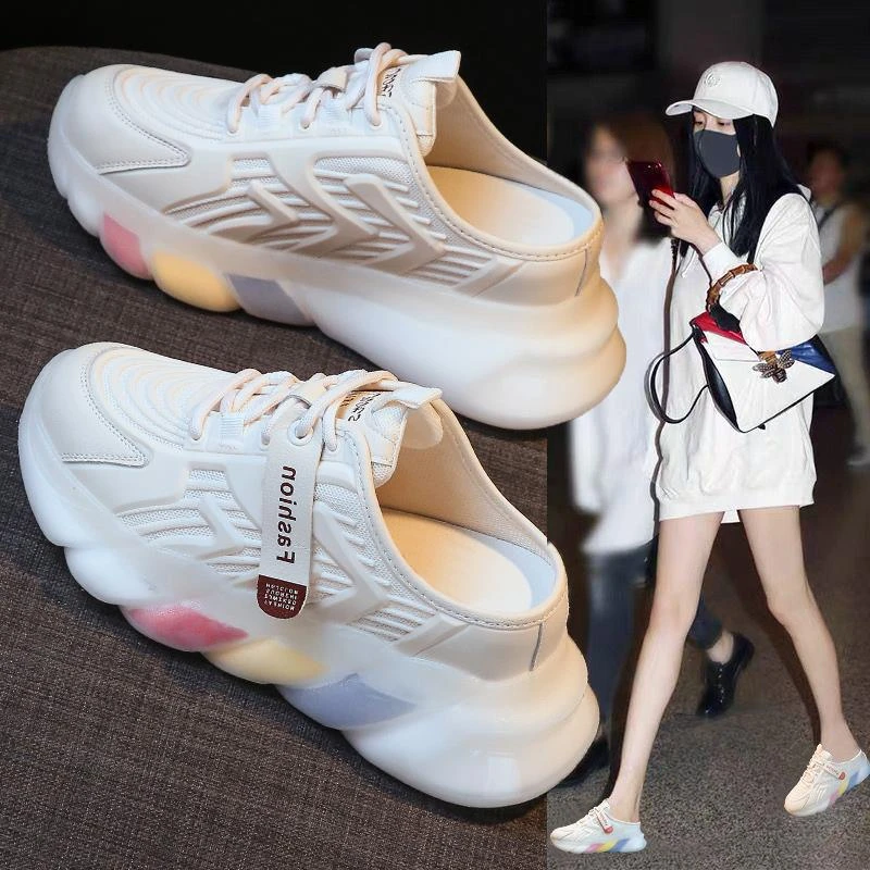 包头半拖鞋女2025春季外穿百搭新款透气网面凉拖厚底内增高老爹鞋