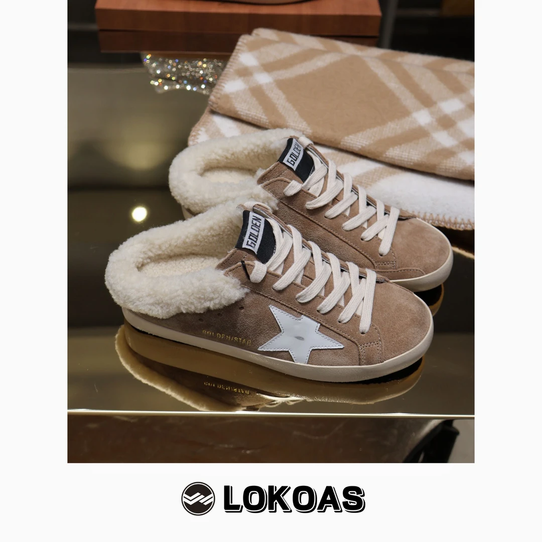 新品 复古做旧内增高包头羊毛拖鞋羊皮毛一体休闲鞋星星脏鞋半拖