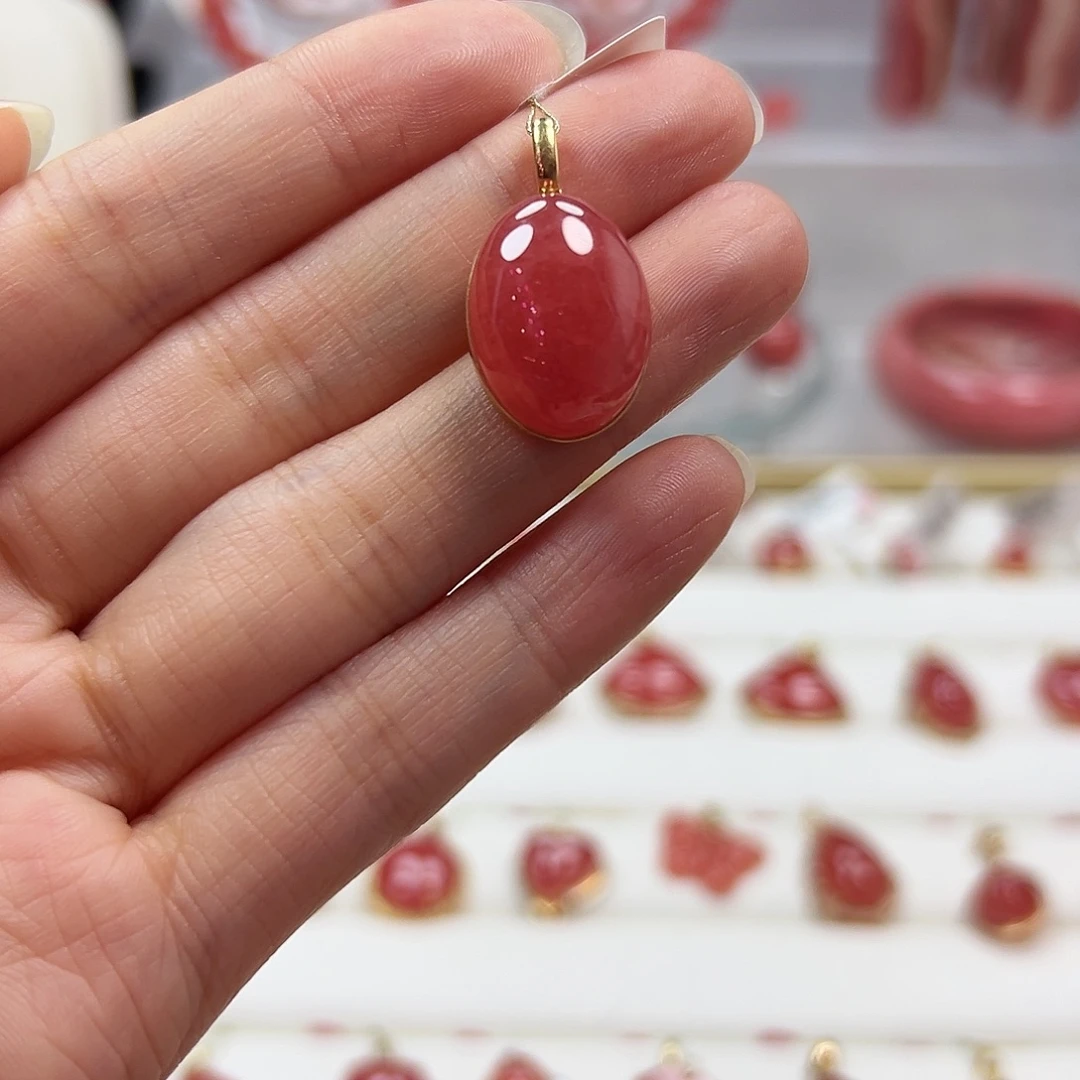 菱锰矿（红纹石）18K金镶嵌吊坠(不含链)