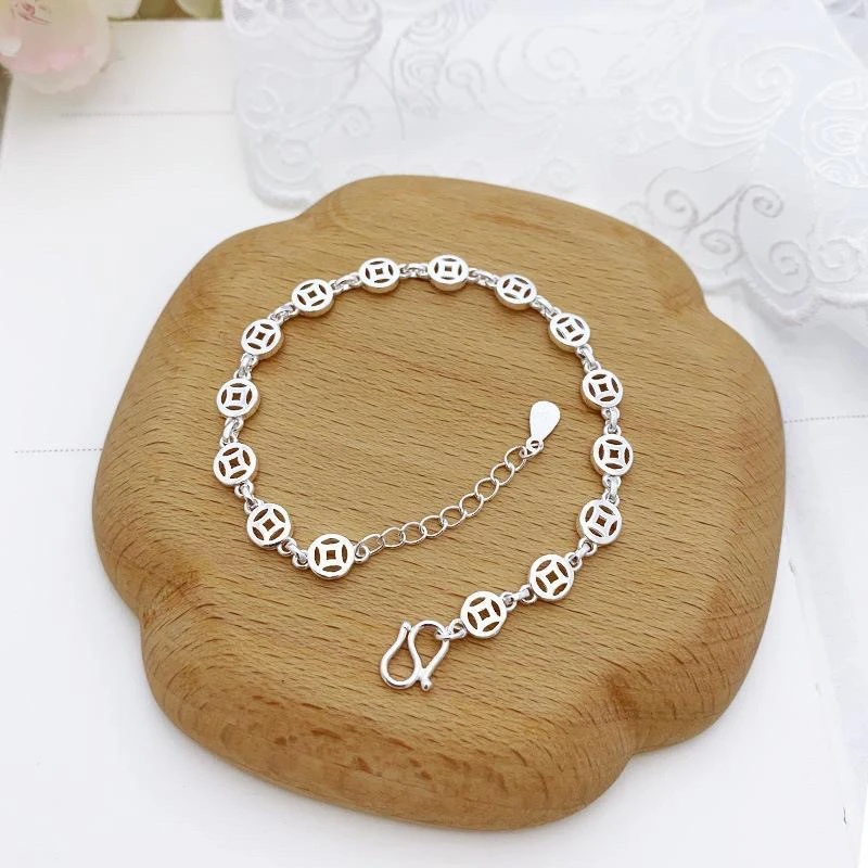 足银手链 【官方认证】足银钱币镂空手链招财气质个性百搭