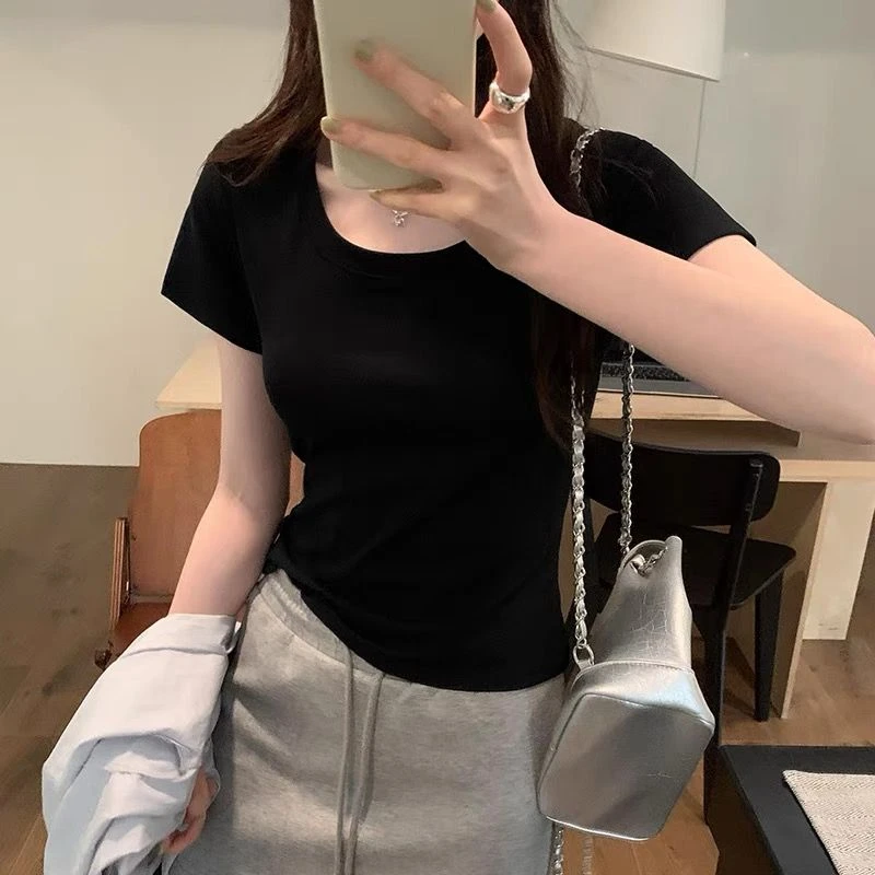 白色短袖T恤女夏季新款简约百搭U领显瘦正肩纯色内搭打底衫上衣