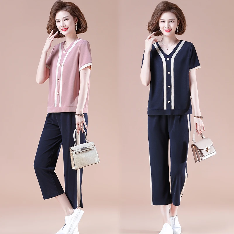 母亲节2025新款妈妈夏装时尚两件套短袖上衣中老年休闲运动套装