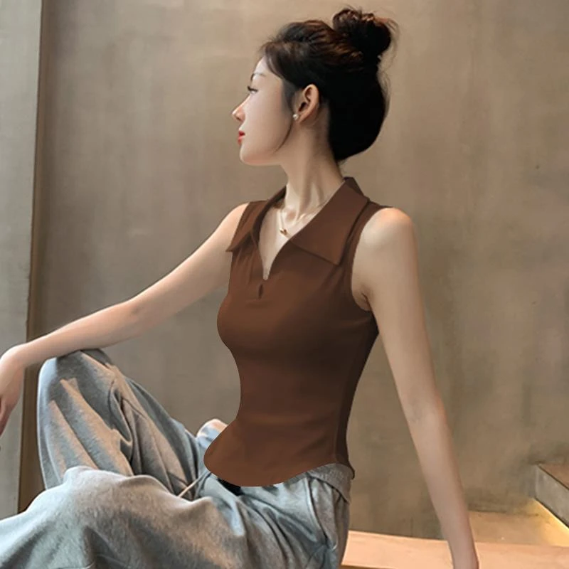 2025新款夏季外穿辣妹不规则复古咖色polo领小吊带背心女无袖上衣
