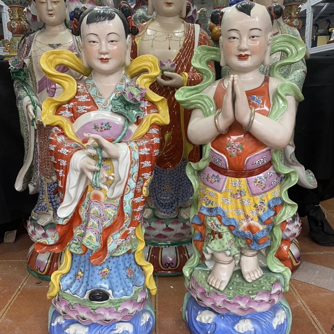 86CM大号陶瓷工艺品摆件招财散善财童子金童玉女人物观音侍童护法