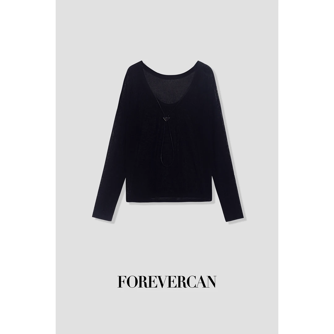 FOREVERCAN“轻纱薄雾”可拆卸吊坠大U领镂空针织罩衫上衣 MY3584