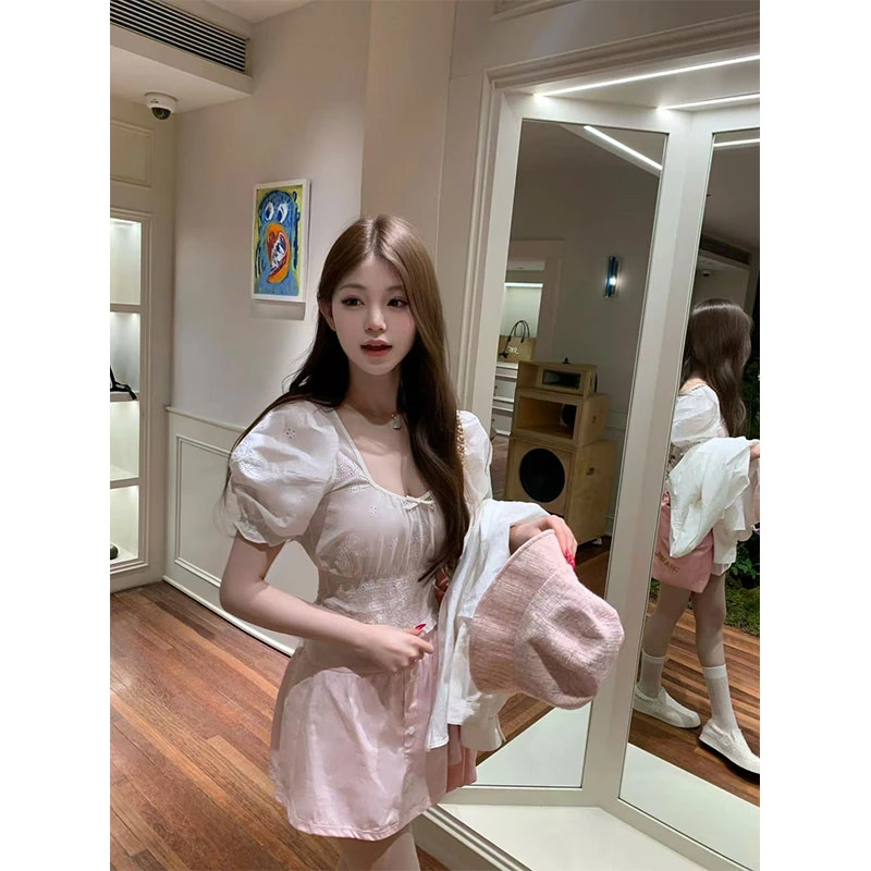 【告白盛夏】ins气质少女感甜美减龄蕾丝小衫泡泡袖上衣配高腰短裙