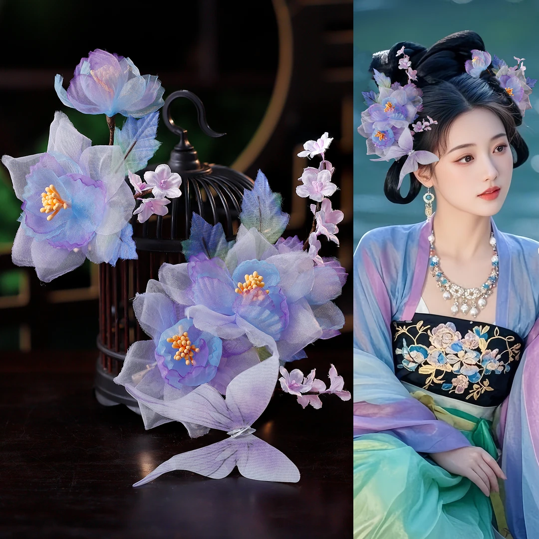 古风发饰紫色花朵蝴蝶手工烫花发夹绢纱花朵边夹女国风汉服头饰