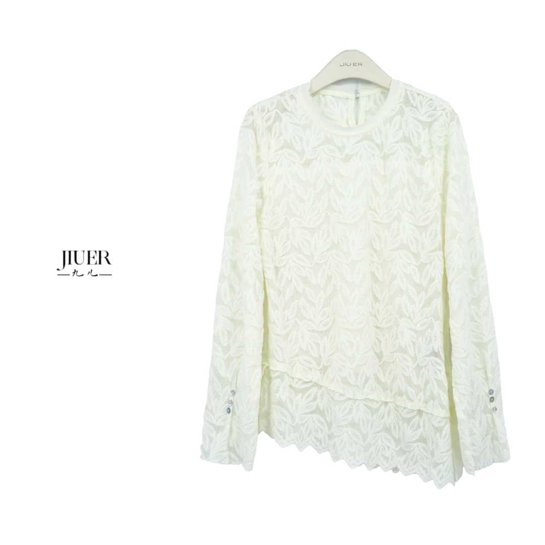 JIUER法式半高领钩花半高领打底衫 斜下摆树叶时尚宽松纯色2636