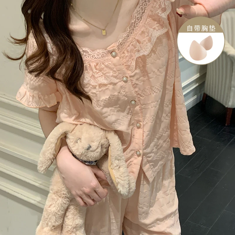 甜美公主风睡衣女带胸垫夏季新款蕾丝花边休闲外穿三件套装家居服