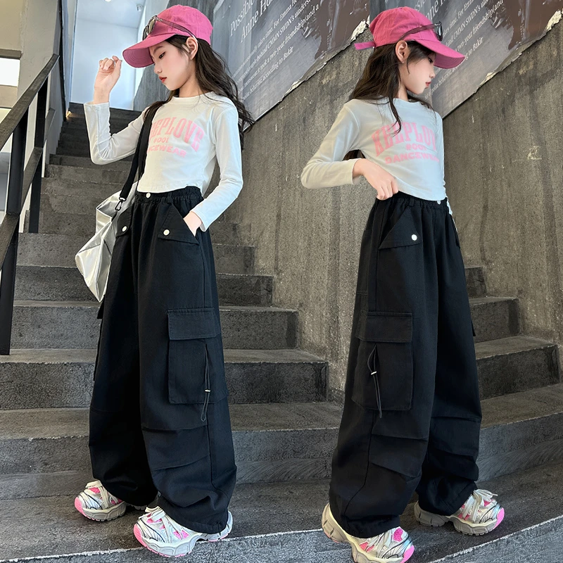 女童工装裤春秋款2025新款儿童直筒休闲裤子女孩潮酷中大童阔腿裤