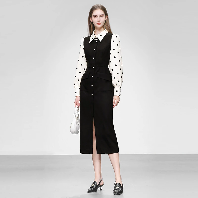 春新款气质撞色波点粗花呢拼接假两件收腰开叉连衣裙Q-ZC10134434