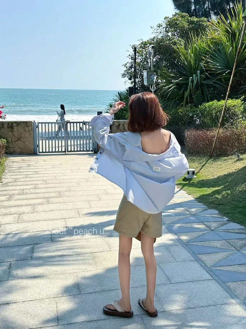 Peach自制 超软糯~韩版宽松慵懒感后背贴标长袖衬衫 9735-2
