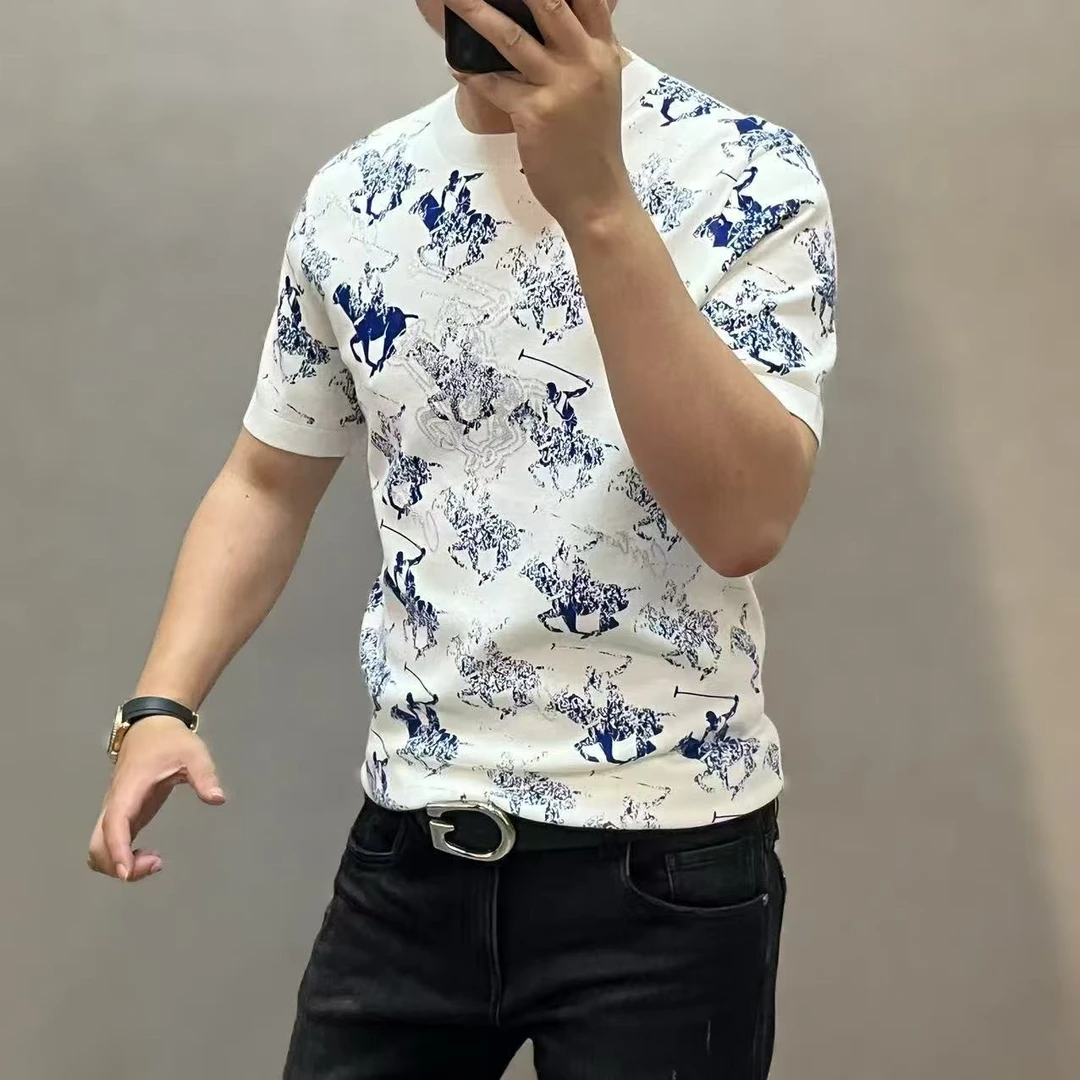 新款高端男士潮流印花休闲短袖圆领T恤6321