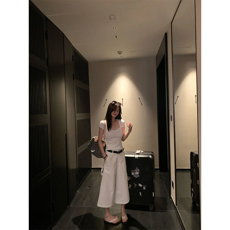 高级感气质方领显瘦短袖上衣女夏季新款白色休闲阔腿裤子两件套潮