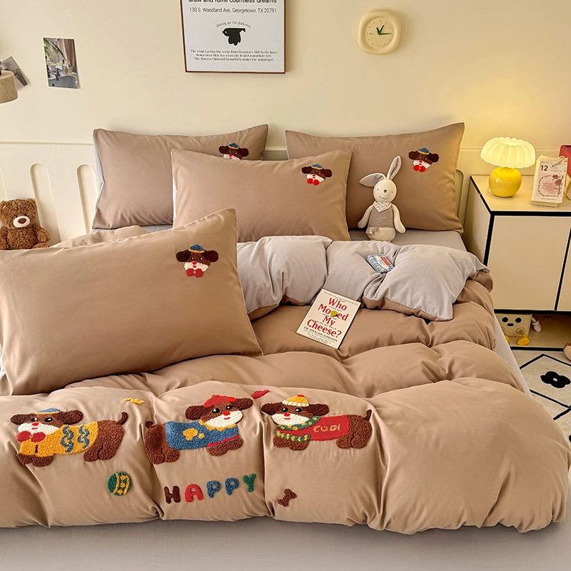 ins风可爱卡通毛巾绣被套加厚四件套学生宿舍被罩单人三件套床单