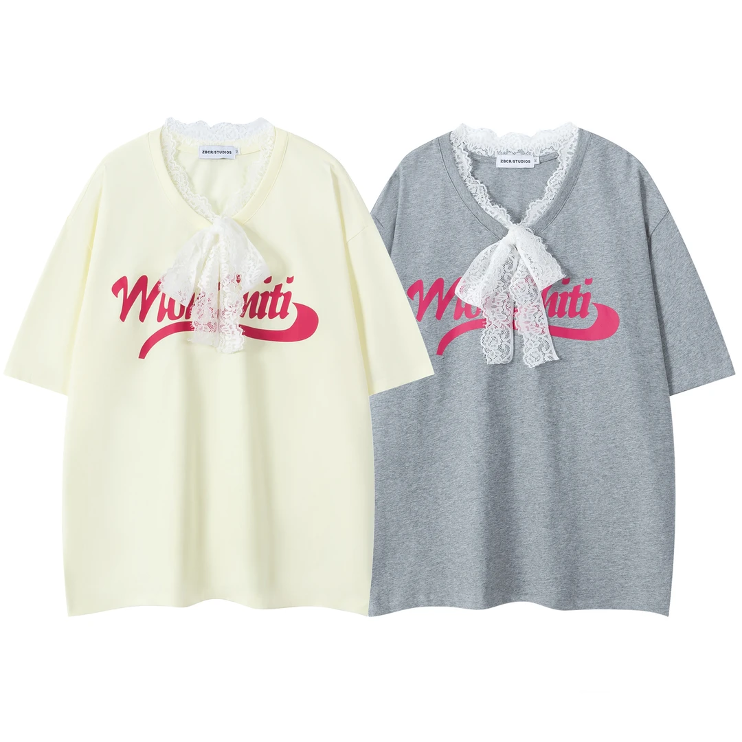 甜美蕾丝拼接v领短袖T恤2025年夏季宽松显瘦设计感小众