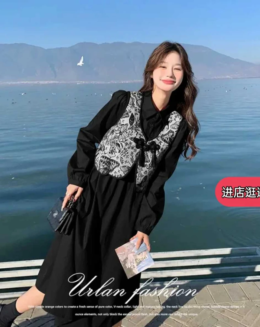 A302时尚套装长袖时尚春秋中长款裙子复古衬衫连衣裙宽松法式复古