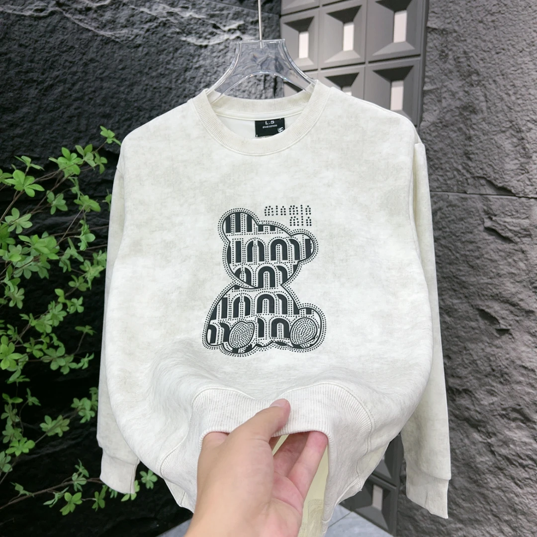 小熊上衣扎染秋季时尚圆领印花卫衣白色休闲长袖常规7921