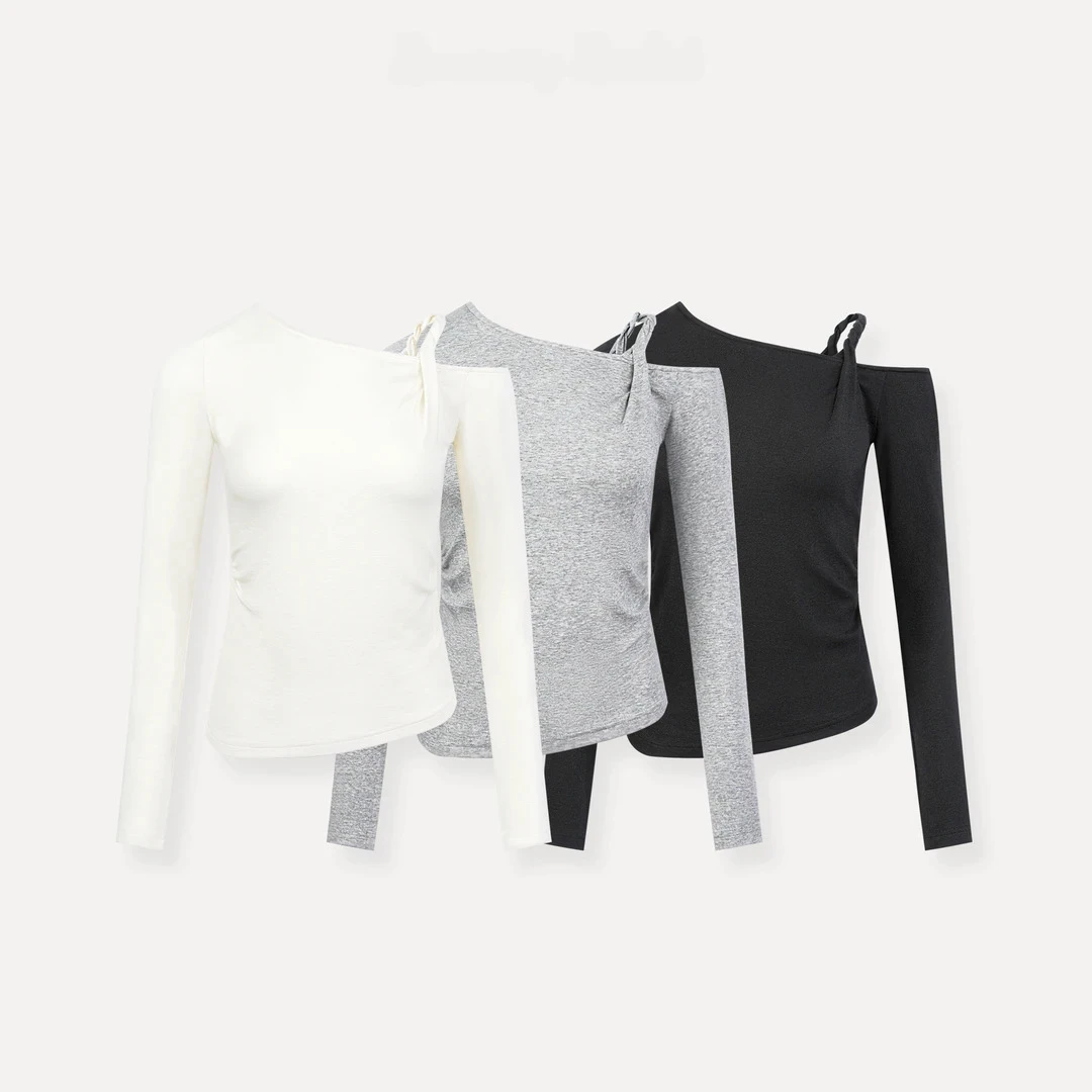 不对称单边露肩显瘦长袖T恤