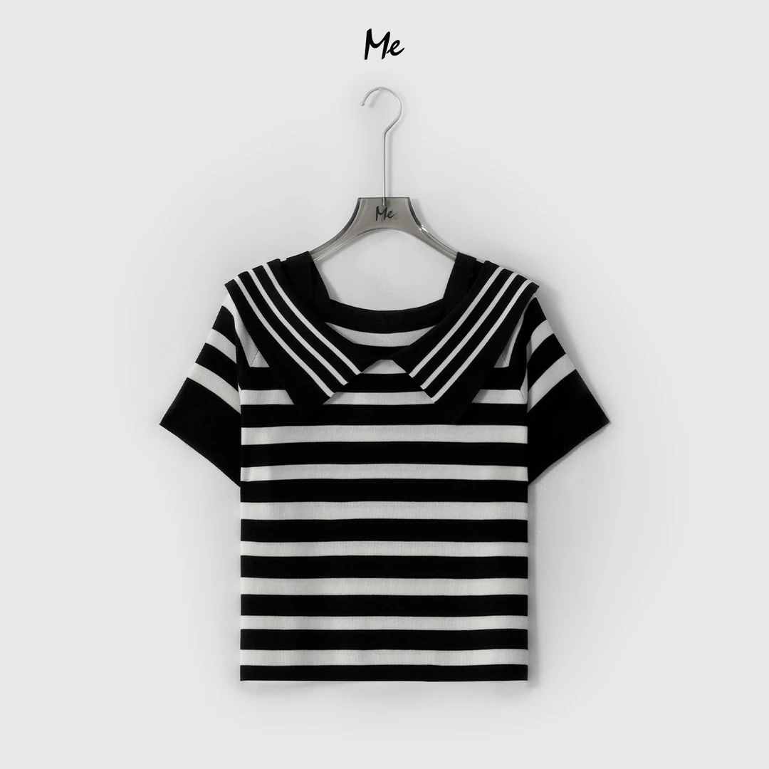ME【100%天丝露肩航海衫】智性条纹显瘦舒适时尚百搭针织衫MESS6483