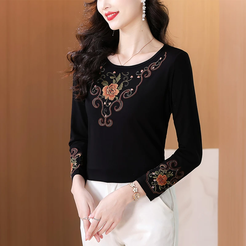 复古高弹棉国风绣花民族风秋冬圆领休闲气质打底中年百搭长袖T恤