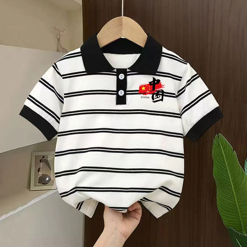 男童短袖polo衫休闲学院风国风图案翻领t恤纯棉帅气上衣宽松t恤衫