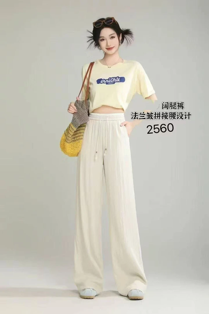 恒鑫安法兰皱拼接腰头百搭阔腿裤-2560