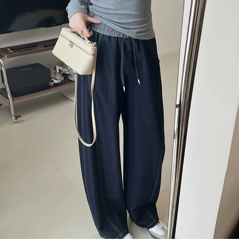 七言家巨好看！25秋复古蓝高腰垂感明线弯刀显瘦牛仔裤@