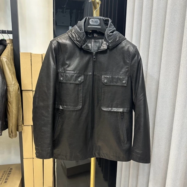 2024新款牛皮油蜡真皮羽绒服连帽可拆卸内胆可拆卸