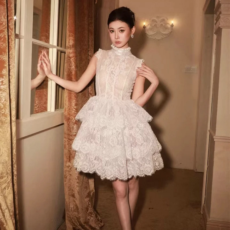 手工蕾丝蓬蓬连衣裙法式白玫瑰生日礼服裙2025