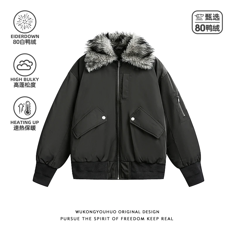悟空有货冬季可拆卸毛领工装羽绒服男女潮牌80白鸭绒保暖防寒外套