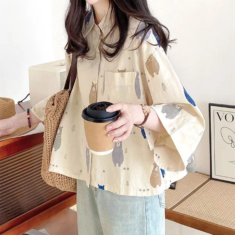 衬衫女上衣2025年新款夏季休闲宽松日系原宿风短款波点七分袖衬衫