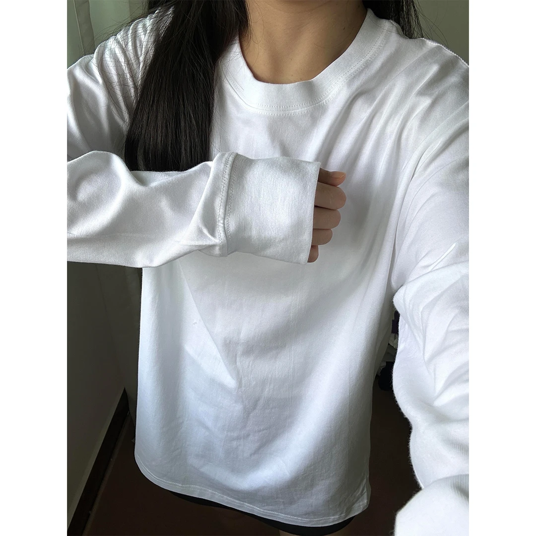 2025秋季新款精梳纯棉T恤高克重磅长袖内搭基础款美式小领口卫衣