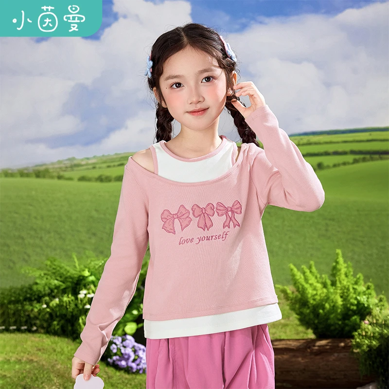 小茵曼长袖t恤2025秋季蝴蝶结打底衫中大童套头上衣G3851209