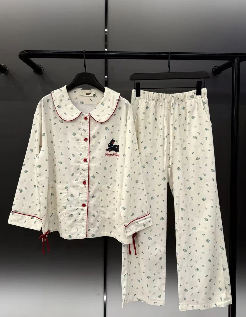 【碎花小兔-长款】 2025秋冬新款潮牌长袖纯棉质居家服睡衣