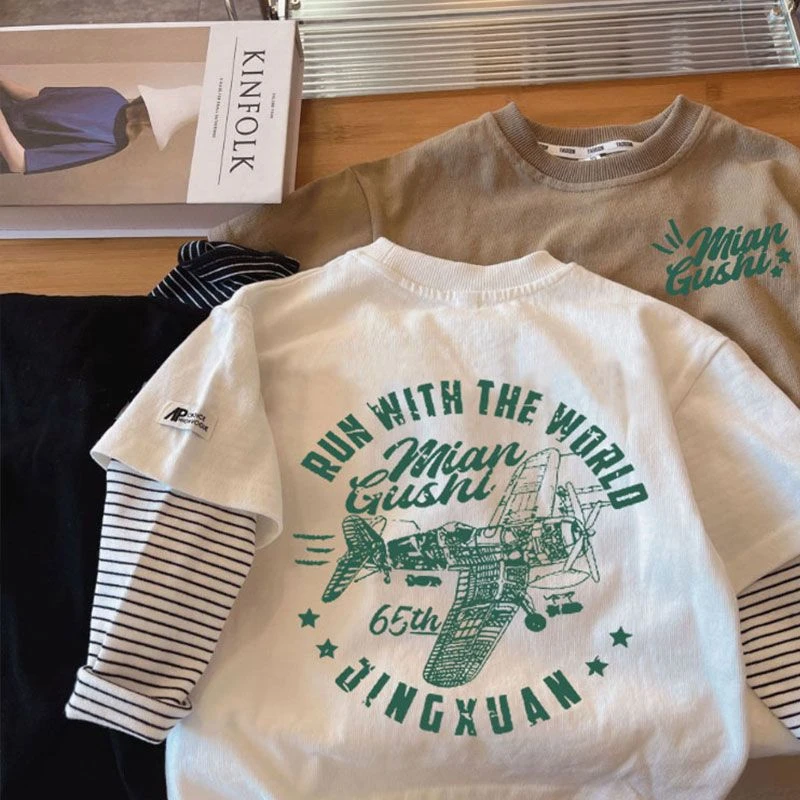 男童纯棉长袖T恤儿童春秋新款爆款假两件男孩帅气外穿打底上衣潮t