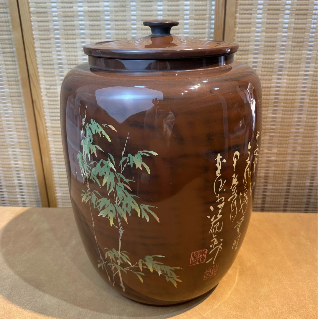 建水紫陶全手工四号亮光彩填20饼茶缸