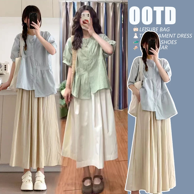 孕妇装日系慵懒格子衬衫孕妇夏季不规则短袖圆领上衣+孕妇半身裙